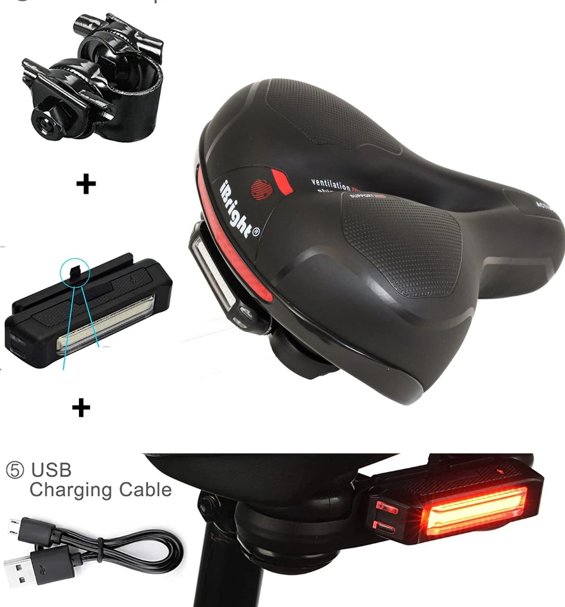 IBright Gel Fietszadel Met LED Oplaadbare Achterlicht - USB Oplaadbaar - Fietsverlichting Met 6 Functie's - Dames / Heren - Waterdicht - Gratis Zadelstrop - USB Oplaadkabel - Zwart 4 IBright Gel Fietszadel Met LED Oplaadbare Achterlicht - USB Oplaadbaar - Fietsverlichting Met 6 Functie's - Dames / Heren - Waterdicht - Gratis Zadelstrop - USB Oplaadkabel - Zwart - Afbeelding 2