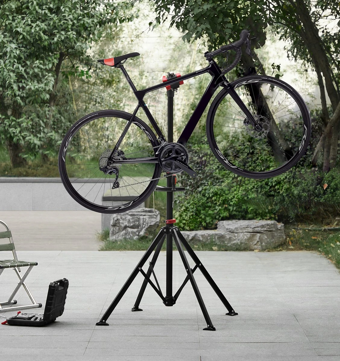 ACAZA Fiets Bevestigingsstandaard Met Snelsluiting, Gereedschapshouder En Stuurhouder, Lichte En Draagbare Reparatie Standaard Voor Fietsen, Zwart Statief 6 ACAZA Fiets Bevestigingsstandaard Met Snelsluiting, Gereedschapshouder En Stuurhouder, Lichte En Draagbare Reparatie Standaard Voor Fietsen, Zwart Statief - Afbeelding 4