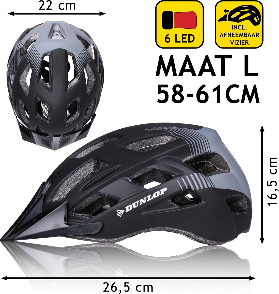 Dunlop Fietshelm - Verstelbaar Van 58 Tot 61 CM - Maat L - Met LED-Verlichting - 3 Lichtmodus - Zwart 4 Dunlop Fietshelm - Verstelbaar Van 58 Tot 61 CM - Maat L - Met LED-Verlichting - 3 Lichtmodus - Zwart - Afbeelding 2