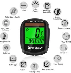 Draadloze Verlichte Fietscomputer - USB Oplaadbaar- Op Zonne- Energie - Kilometerteller - Klok - Calorie Teller - Snelheidsmeter - Auto Wake - IPX7 Waterdicht - 5 Talen - Met Verlichte LCD Display - Multifunctioneel - Inclusief Sensor - Zwart -Fietsuitrusting Winkel 1169x1200 2