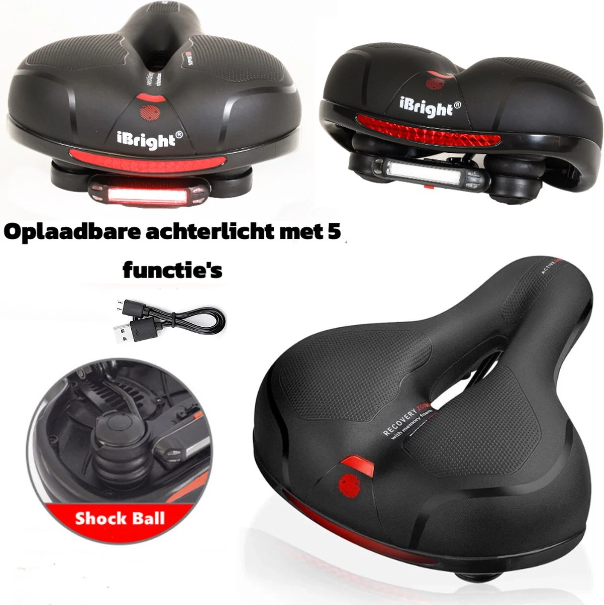 IBright Gel Fietszadel Met LED Oplaadbare Achterlicht - USB Oplaadbaar - Fietsverlichting Met 6 Functie's - Dames / Heren - Waterdicht - Gratis Zadelstrop - USB Oplaadkabel - Zwart 17 IBright Gel Fietszadel Met LED Oplaadbare Achterlicht - USB Oplaadbaar - Fietsverlichting Met 6 Functie's - Dames / Heren - Waterdicht - Gratis Zadelstrop - USB Oplaadkabel - Zwart - Afbeelding 15