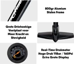 Matzwarte Fietspomp Met Drukmeter én Extra Ventielen - Multifunctioneel Mondstuk – Schrader En Presta – Aluminium Lichtgewicht Vloerpomp – Ballenpomp/ Scooterpomp/ Autobandenpomp -Fietsuitrusting Winkel 1200x1046