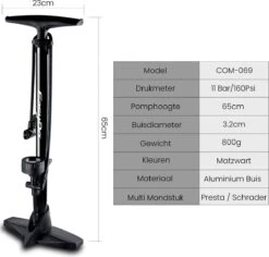Matzwarte Fietspomp Met Drukmeter én Extra Ventielen - Multifunctioneel Mondstuk – Schrader En Presta – Aluminium Lichtgewicht Vloerpomp – Ballenpomp/ Scooterpomp/ Autobandenpomp -Fietsuitrusting Winkel 1200x1147 3