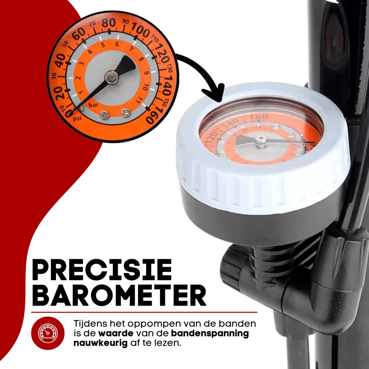 RYER Fietspomp Pro - Drukmeter - Inclusief Banden Reparatieset 5 RYER Fietspomp Pro - Drukmeter - Inclusief Banden Reparatieset - Afbeelding 3